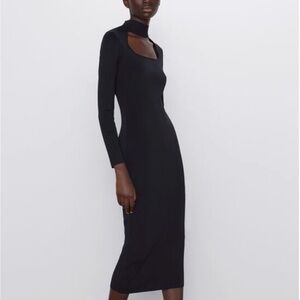 Zara Dress- Black knit Midi Long Sleeve Dress with Cutout